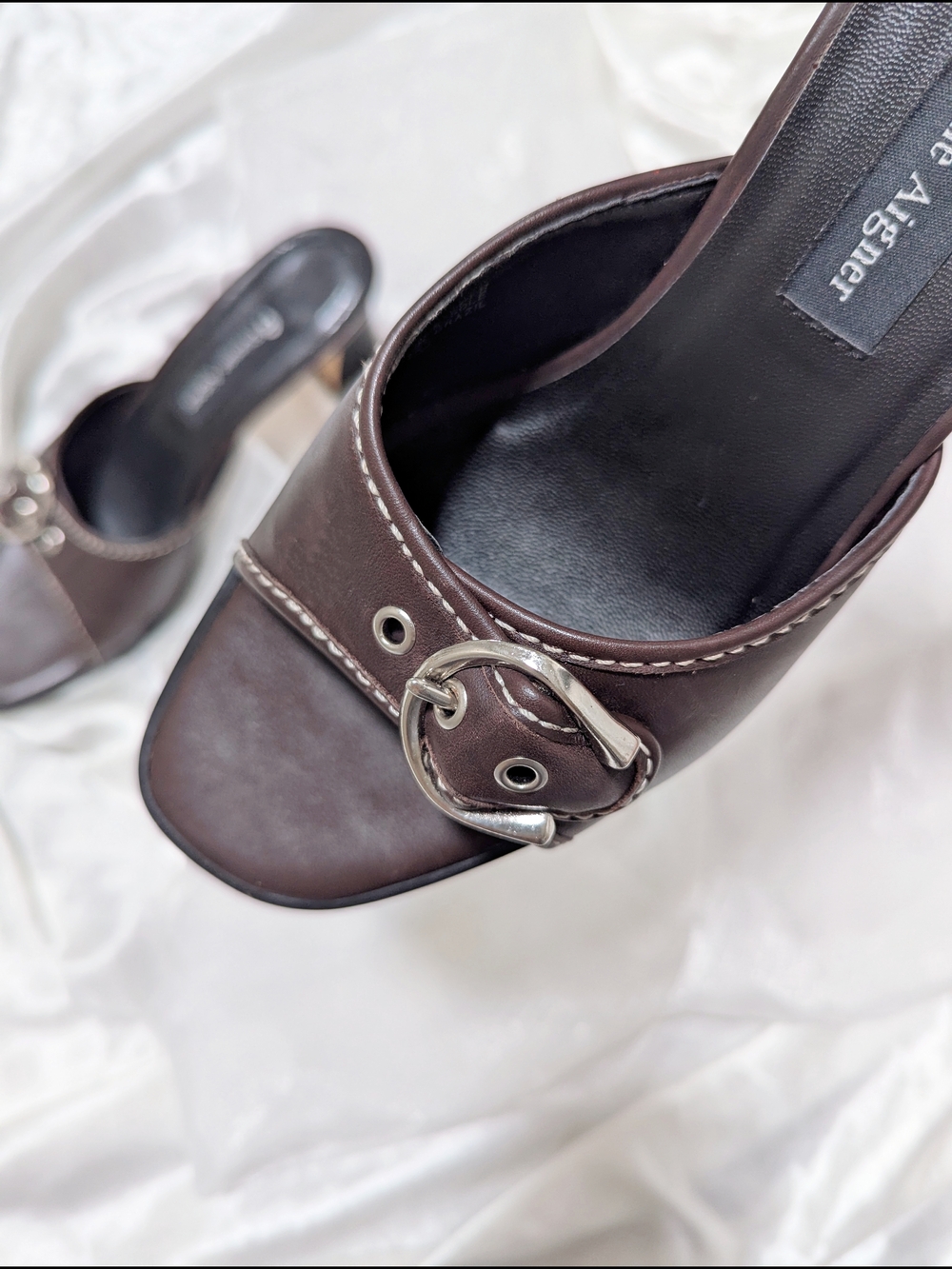 Etienne Aigner Brown Leather Buckle Mule Heels - Picture 3 of 5